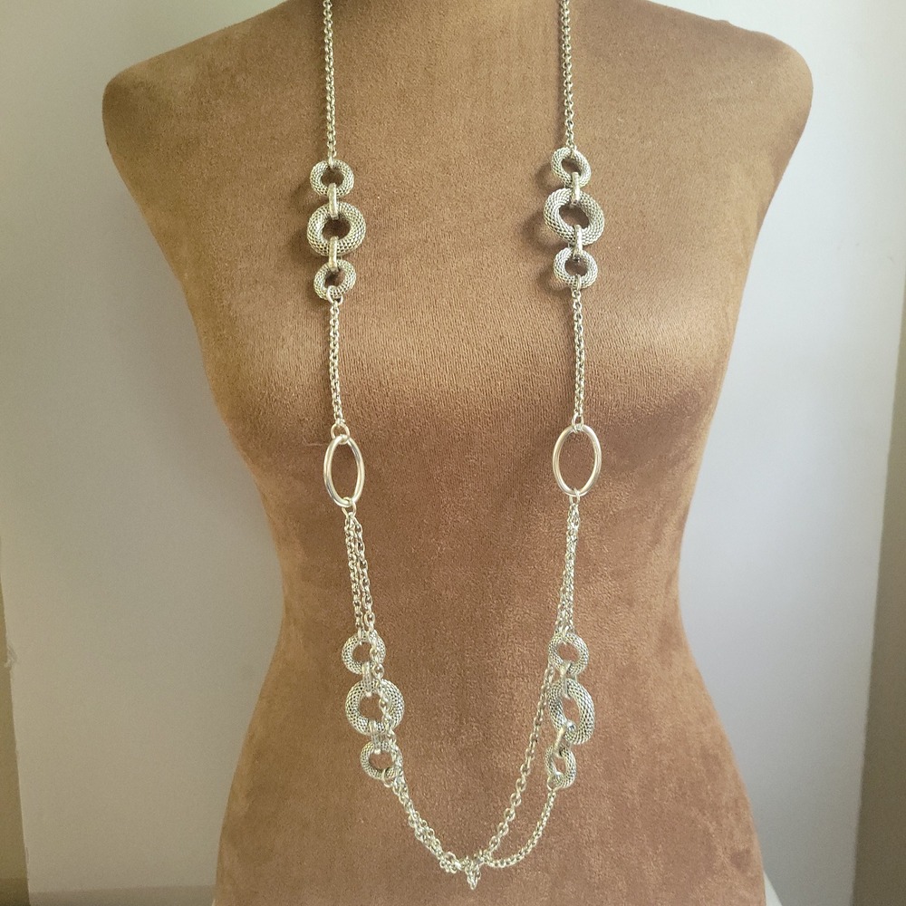 Premiere Designs Silver Tone Textured Multi Ring Chain Necklace 42" Whimsical